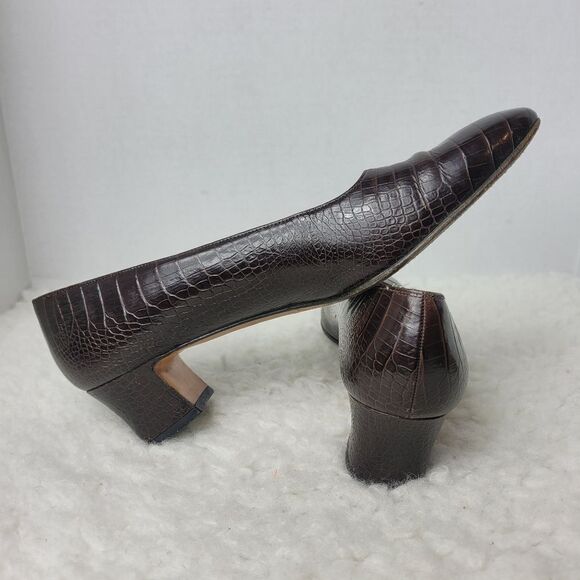 Salvatore Ferragamo Womens Size 9.5 AAA Brown Croc Embossed Leather Heels Pumps - Picture 4 of 11